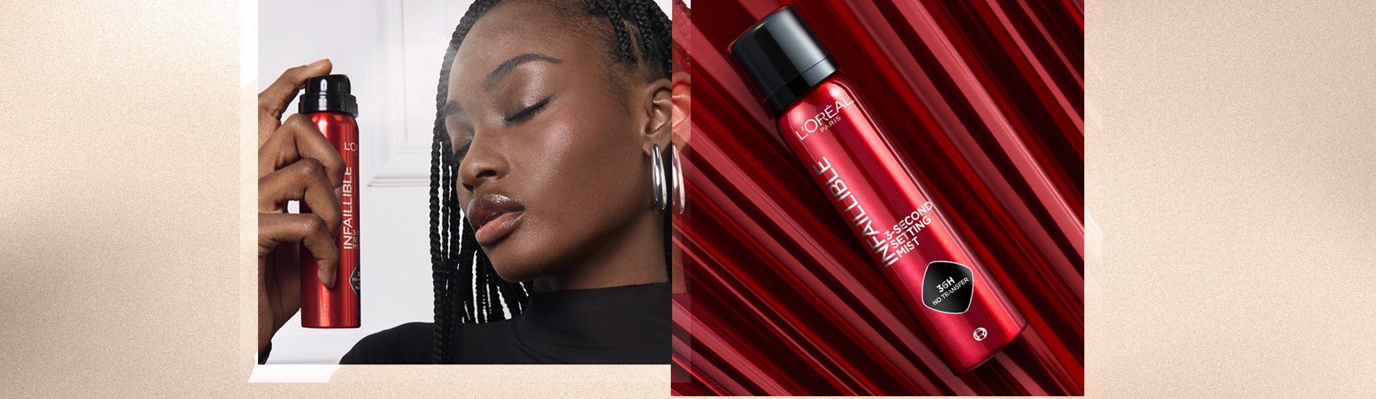 Woman applying setting spray to face